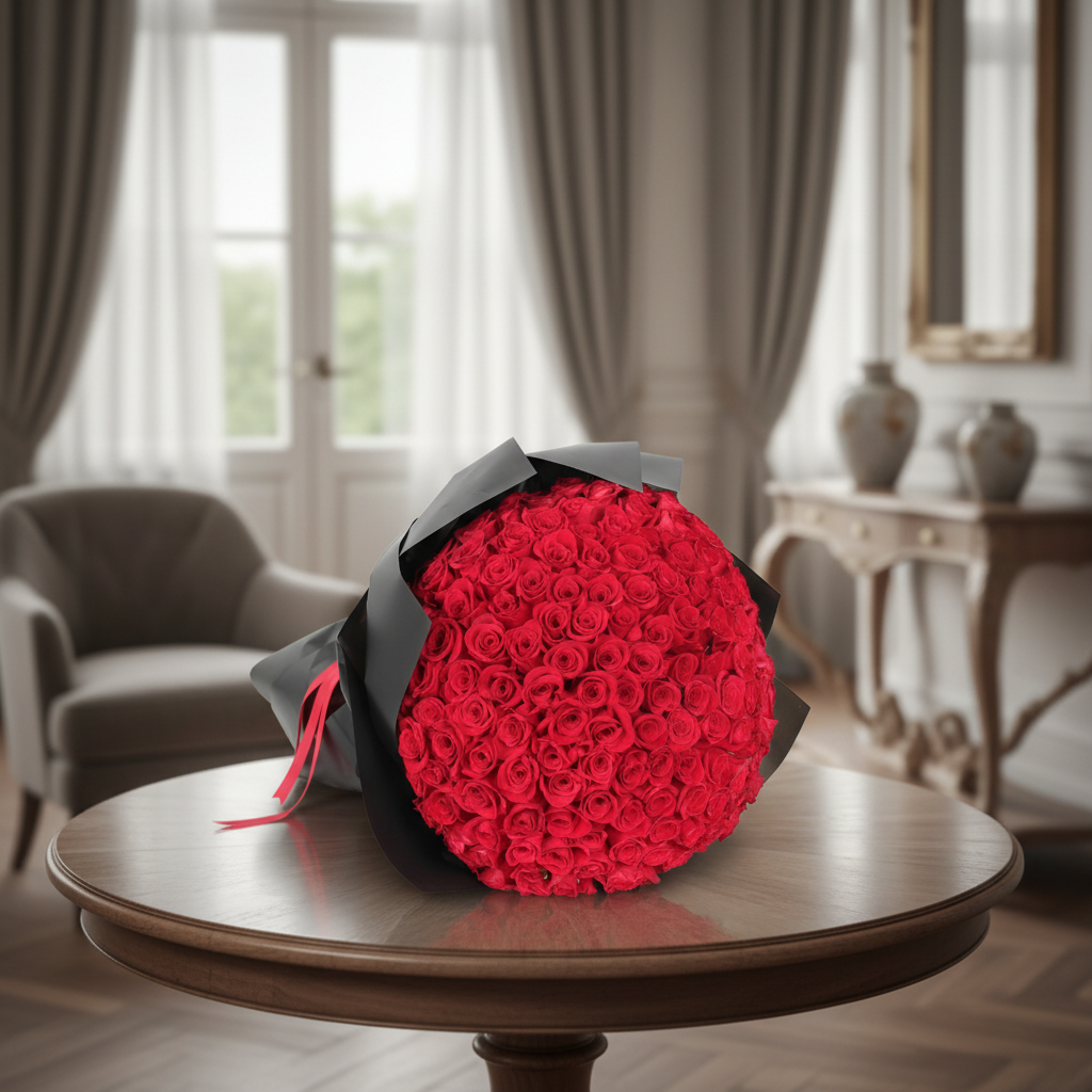 Bouquet of red roses wrapped in black paper on a white background
