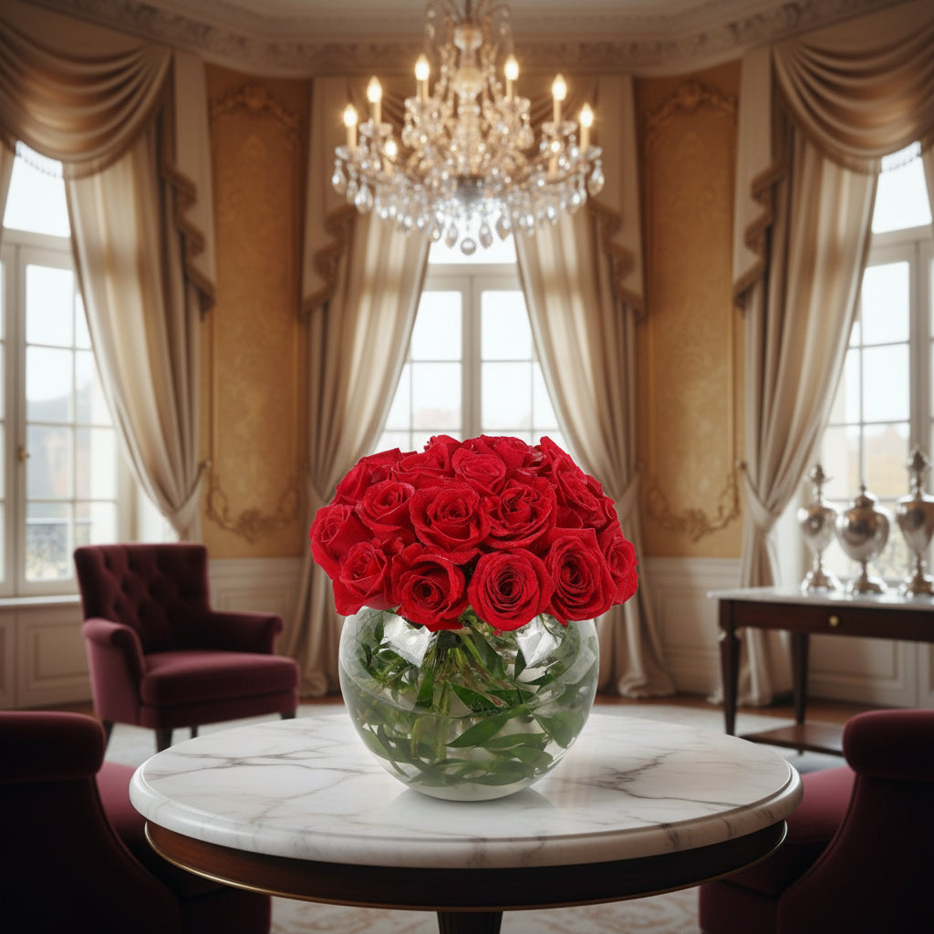 Bouquet of red roses in a clear vase on a white background