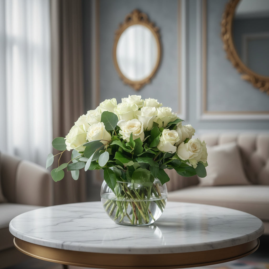 Bouquet of white flowers in a clear vase on a gray background