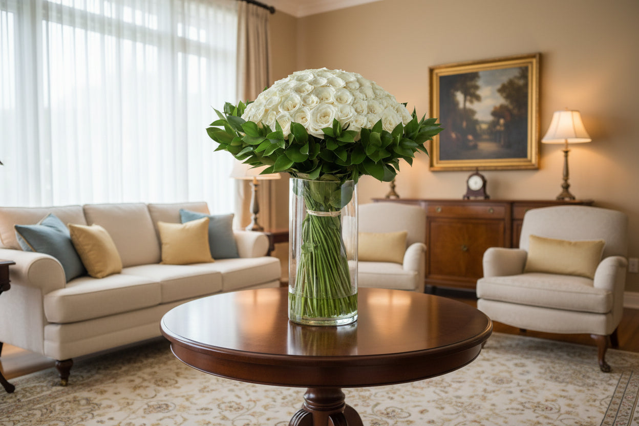 Bouquet of white roses in a clear vase on a wooden surface with a light green background