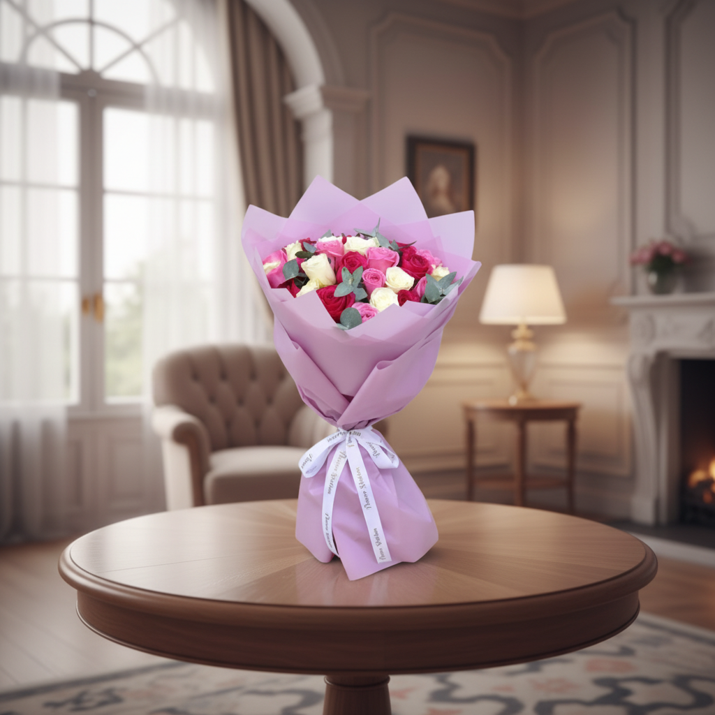 Bouquet of flowers wrapped in purple paper with a white ribbon on a white background
