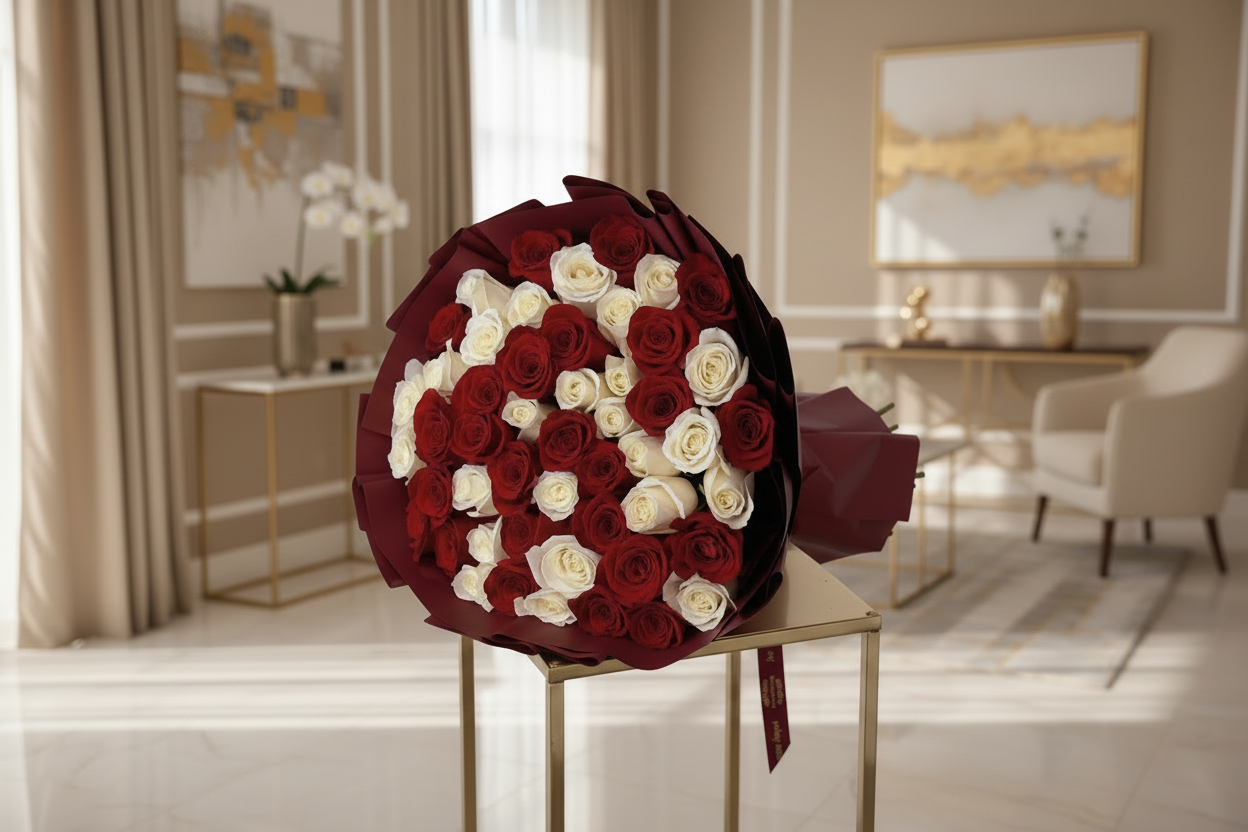 Bouquet of red and white roses on a chair with a white background