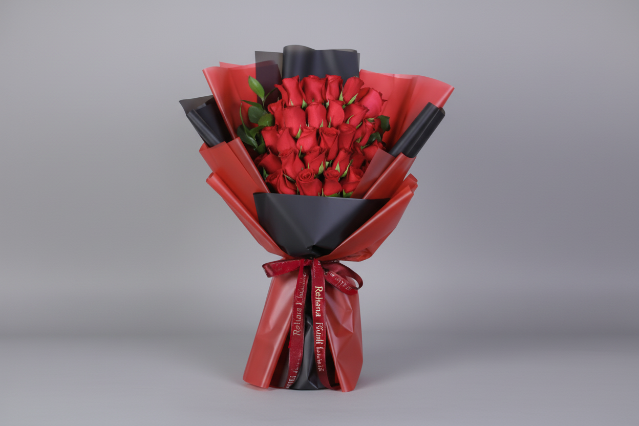 Bouquet of red roses wrapped in black and red paper on a white background