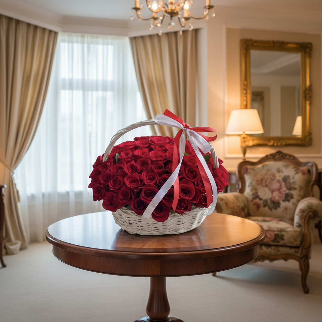 Basket of red roses with a white ribbon on a white background