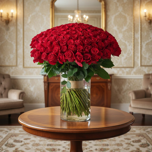 Bouquet of red roses in a clear vase on a white surface with a light gray background