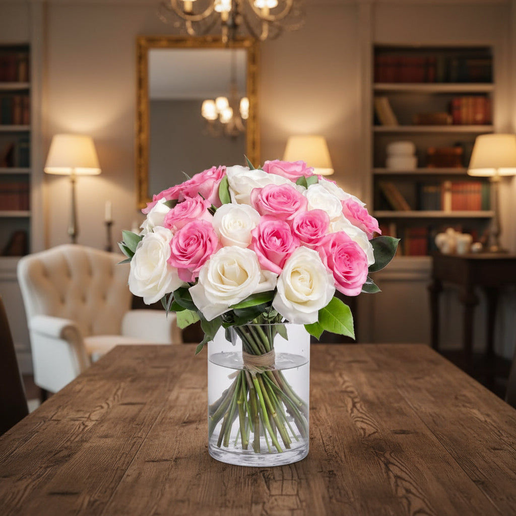 Bouquet of pink and white roses in a clear vase on a white background