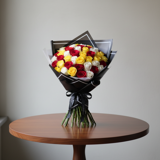 Bouquet of yellow, red, and white roses in black paper packaging on a white background