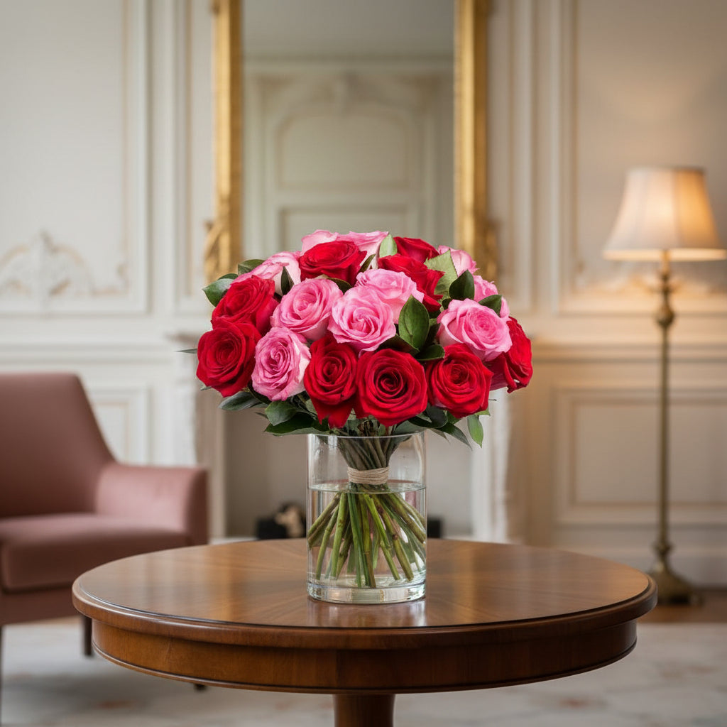 Bouquet of red and pink roses in a clear vase on a white background