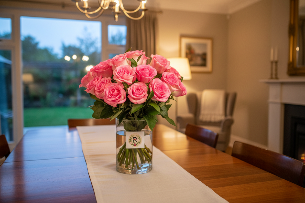 Bouquet of pink roses in a clear vase on a gray background