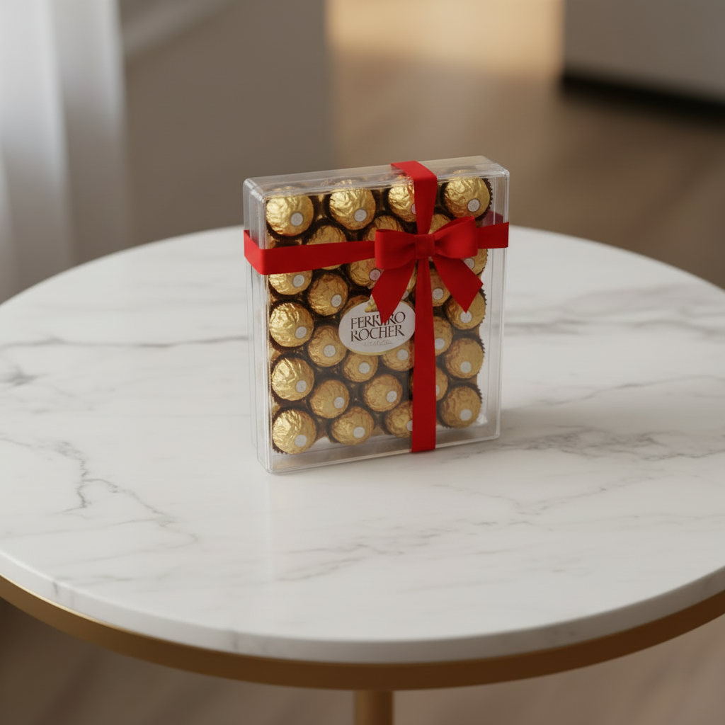 Ferrero Rocher chocolate box with a red ribbon on a white background