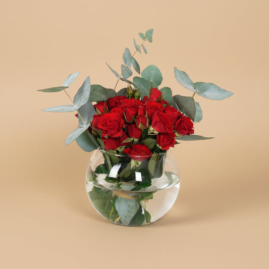 Bouquet of red roses with eucalyptus in a clear glass vase on a white background