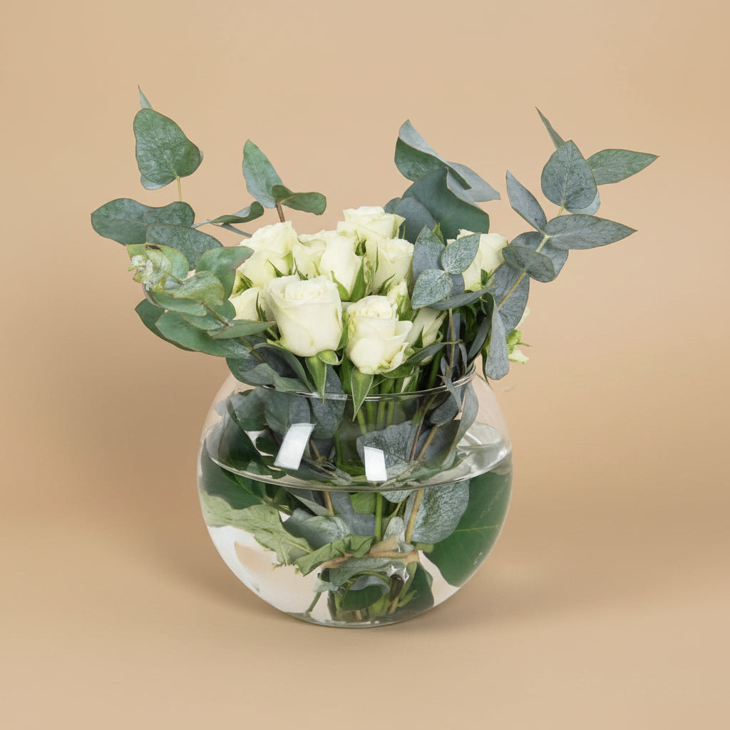 Clear glass vase with white tulips and green leaves on a white background
