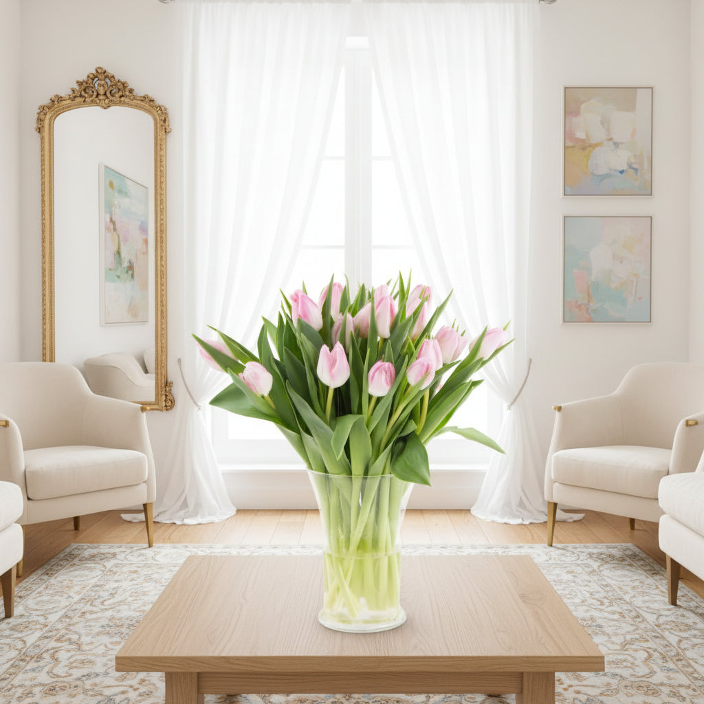 Bouquet of pink tulips in a clear vase on a white background