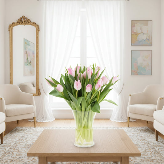 Bouquet of pink tulips in a clear vase on a white background