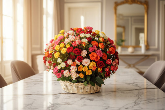 Basket of multicolored flowers on a light gray background