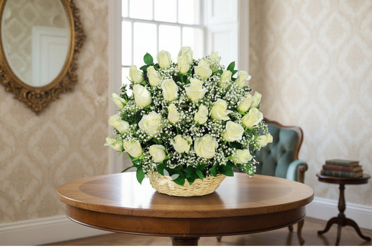 Bouquet of white roses with baby's breath in a woven basket on a light surface.