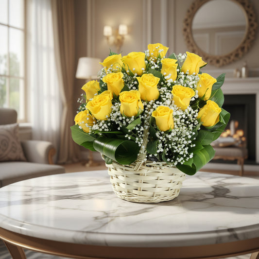 Bouquet of yellow roses in a white basket on a beige background
