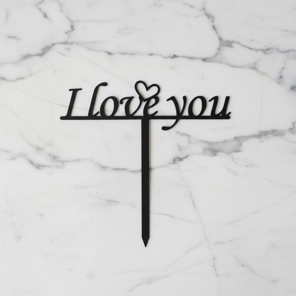 Black metal sign with 'I love you' text on a white background