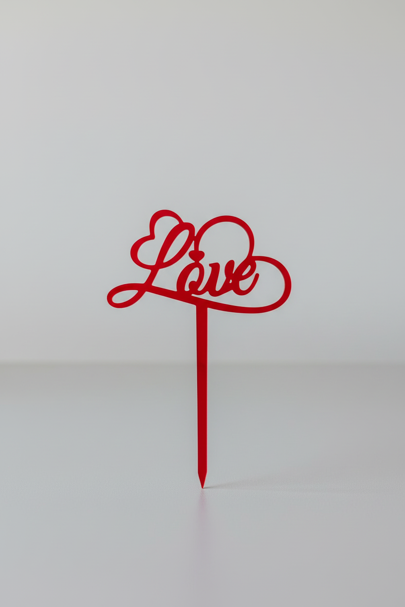 Red 'Love' cake topper on a white background