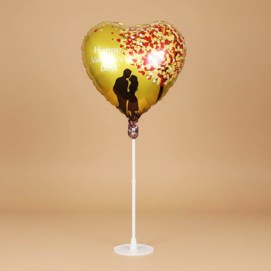 Heart-shaped balloon with 'Happy Valentine's Day!' text and silhouettes of a couple on a yellow background.