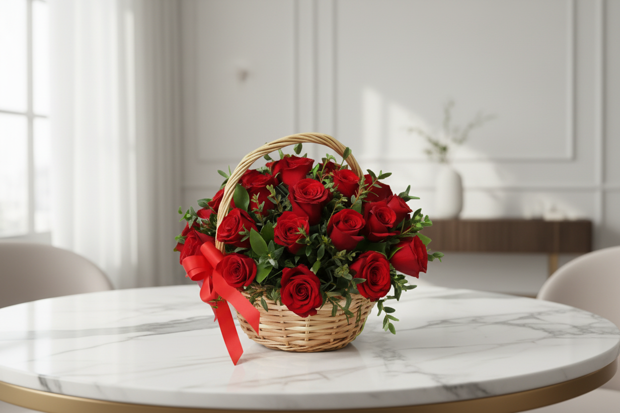 Basket of red roses with a red bow on a white background