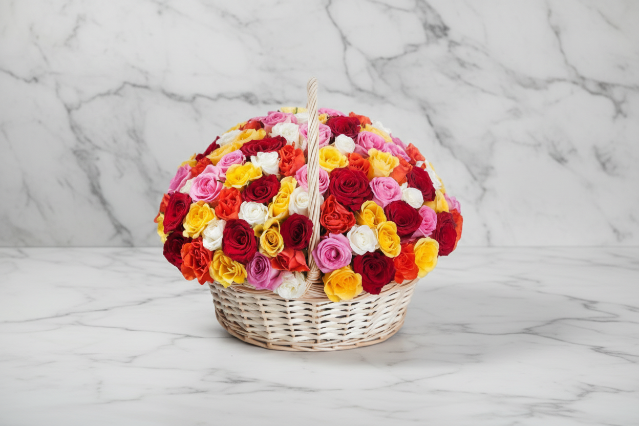 Colorful bouquet of roses in a wicker basket on a white background