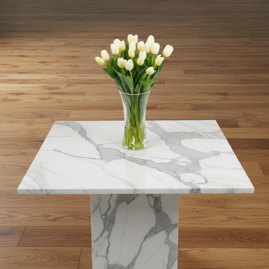 Clear glass vase with white tulips on a white background
