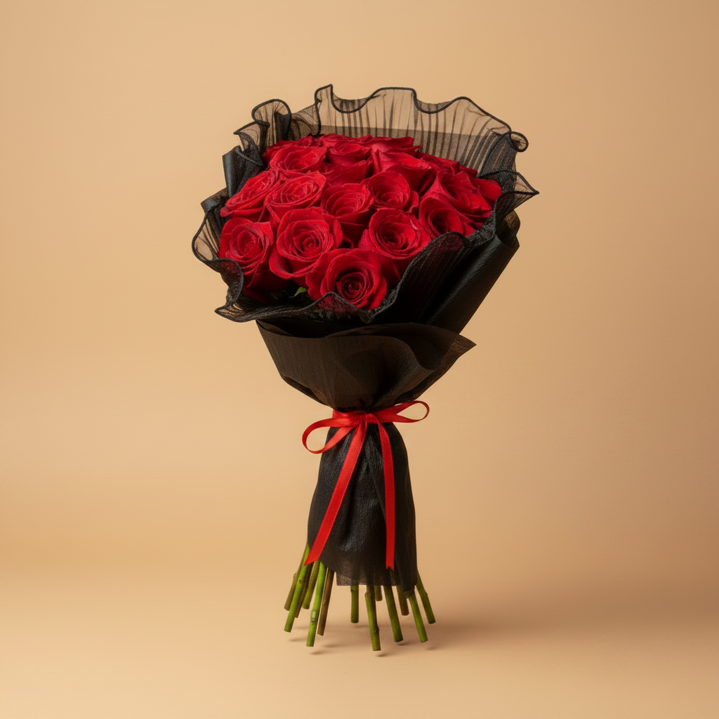 Bouquet of red roses wrapped in black paper with a red ribbon on a white background