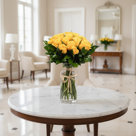 Bouquet of yellow roses in a clear vase on a white background
