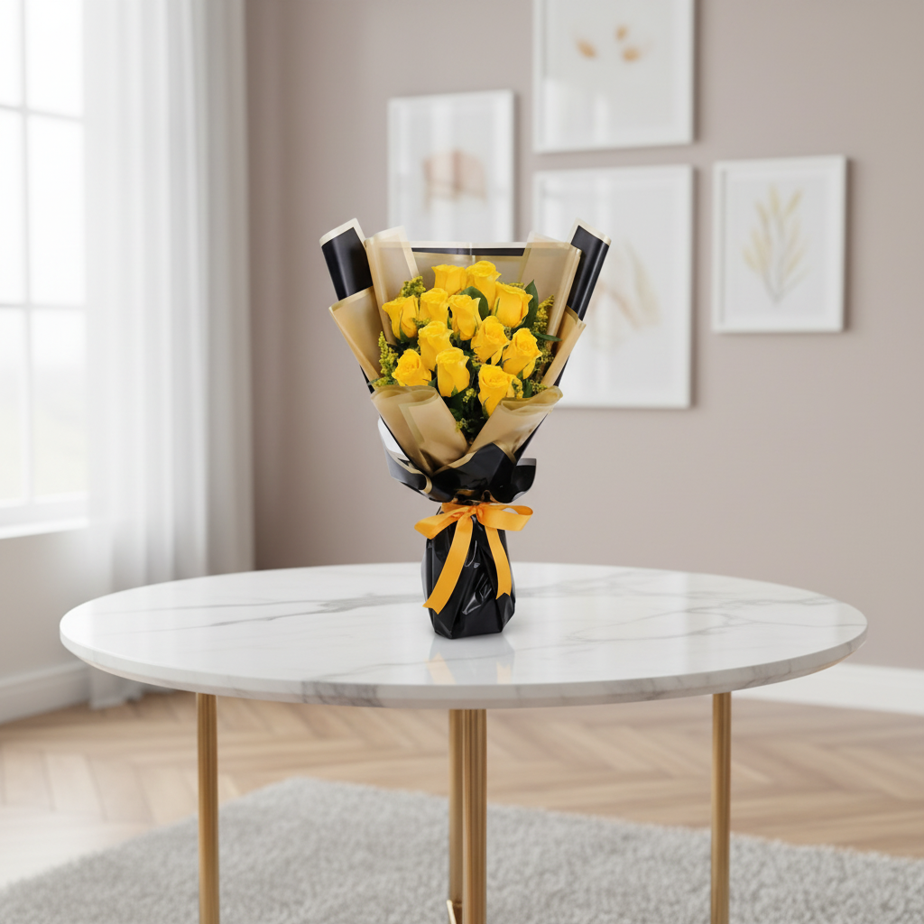 Bouquet of yellow roses wrapped in black paper with a yellow ribbon on a white background