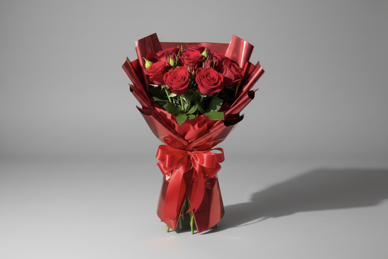 Bouquet of red roses wrapped in red paper with a bow on a white background