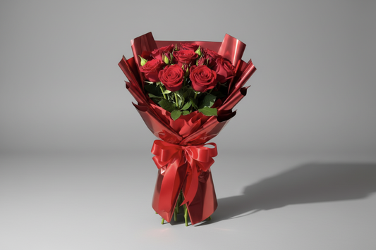 Bouquet of red roses wrapped in red paper with a bow on a white background