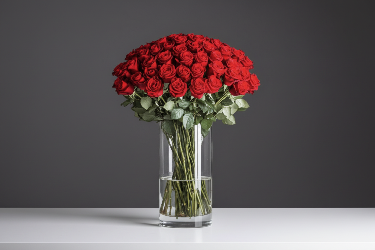 Bouquet of red roses in a clear vase on a white background