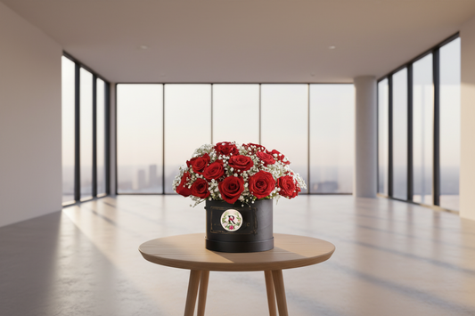 Bouquet of red roses with baby's breath in a black box with a visible brand logo on a white background