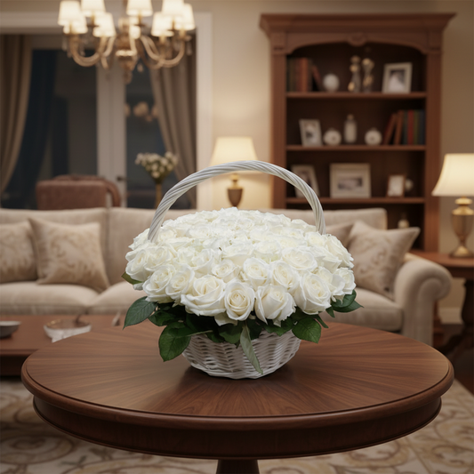 Basket of white roses on a white background