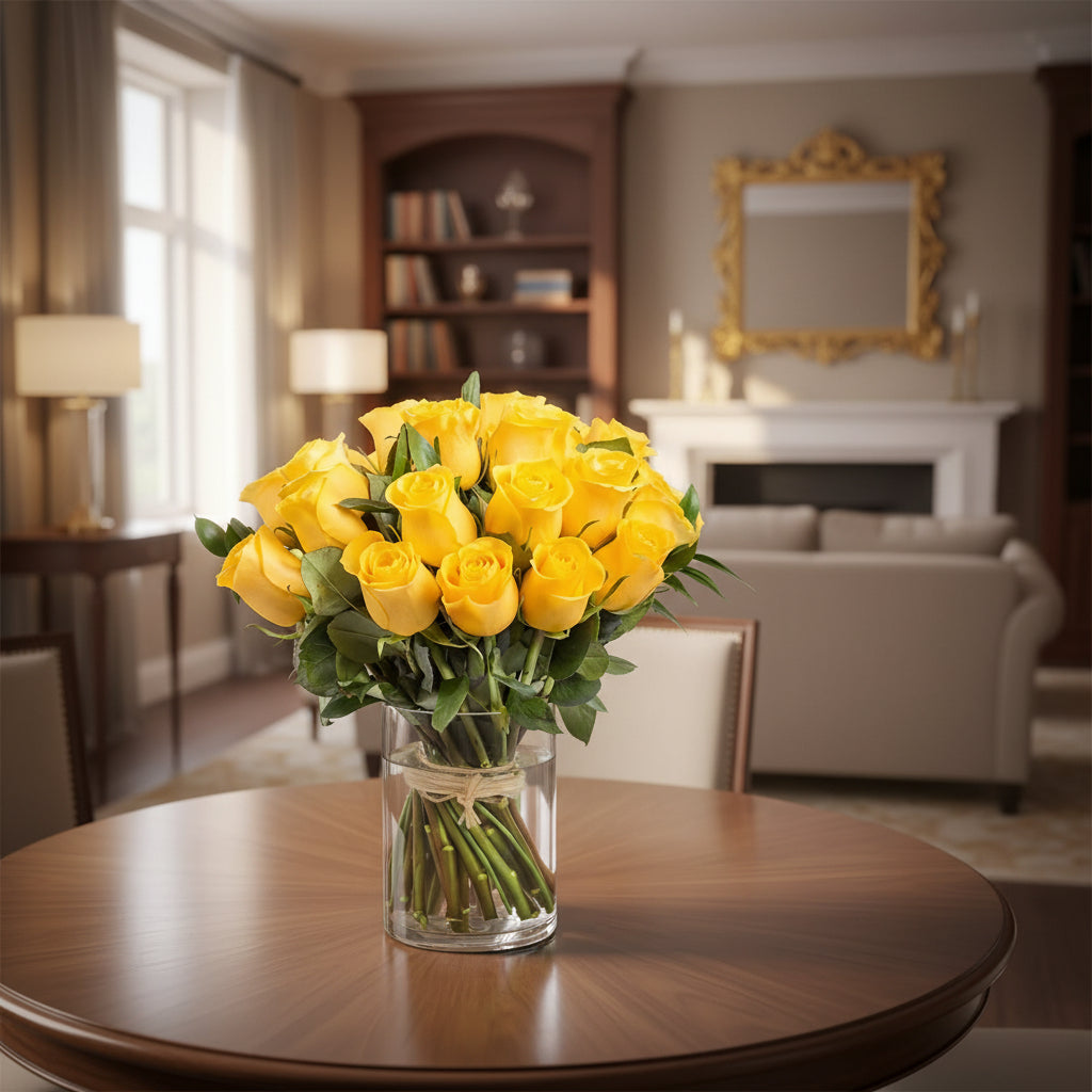 Bouquet of yellow roses in a clear vase on a light gray background