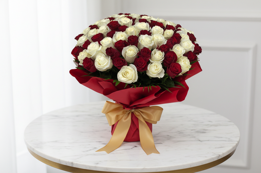 Bouquet of red and white roses with a red wrap on a white background